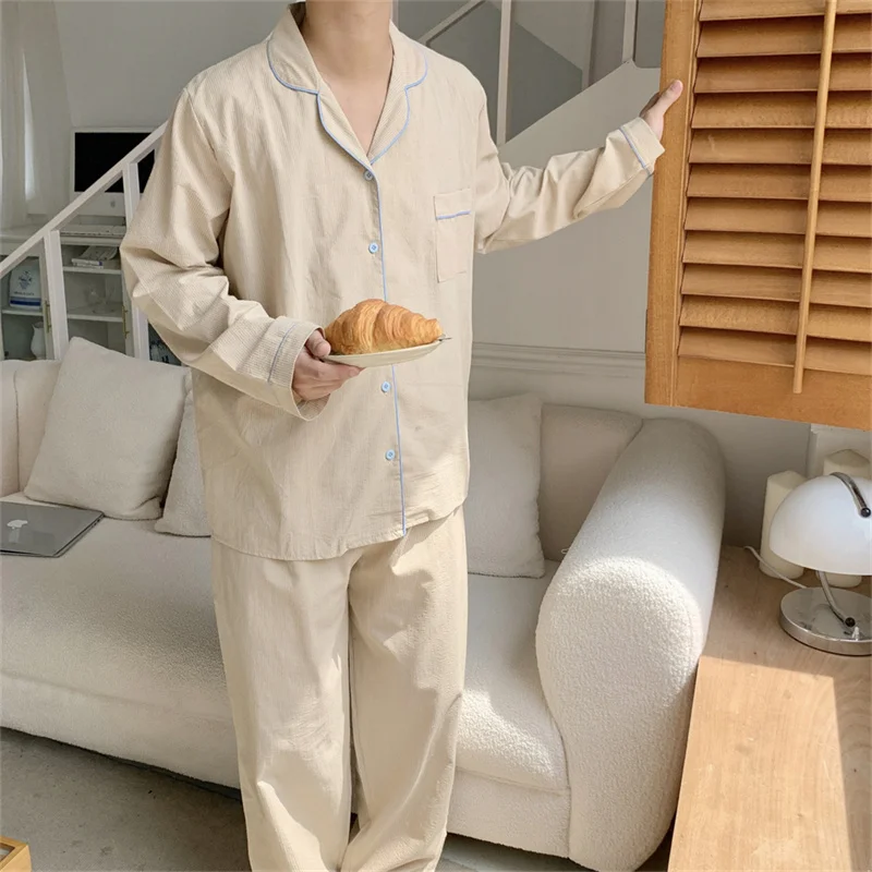 Autumn New Couple Striped Pajamas Set Long-Sleeved Lapel Home Clothes Two-piece Simple Ins Women Loose Cotton Pajamas Sweet D471