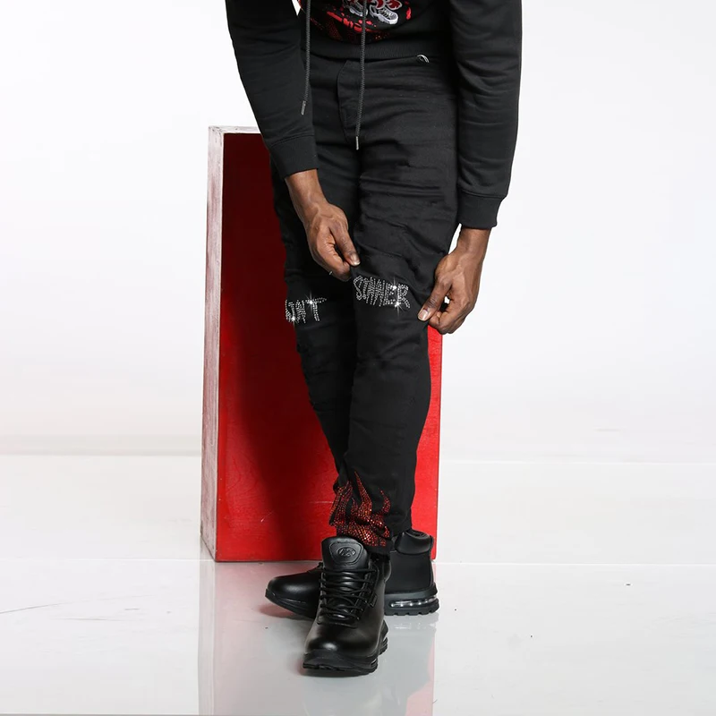 New Men's Stretchy Black Jeans Skinny Slim Fit Hot Drill Punk Streetwear Biker Trousers Man Rhinestone Hole Denim Pencil Pants