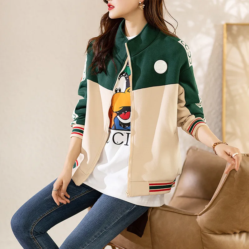 

Female green short coat 2023 autumn and winter new loose sports baseball jacket
