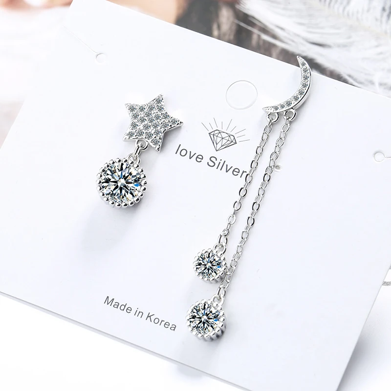 

Cute Asymmetric Moon Star Drop Earrings Female Shiny Crystal Paved Chain Tassel Dangle Earring Exquisite Earring Stud Jewelry