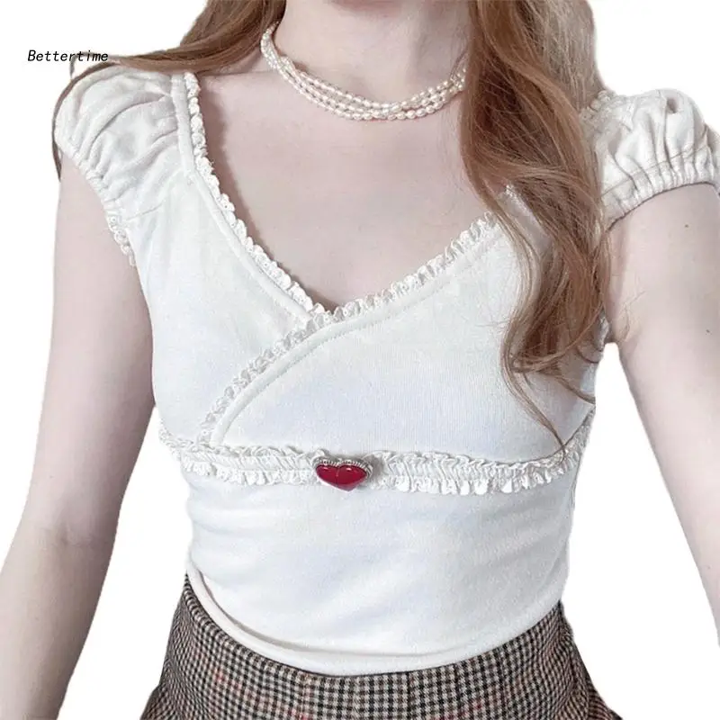 

B36D Women Ribbed Short Sleeve TShirt Ruffle Sleeve Crop TShirt Summer Shirt