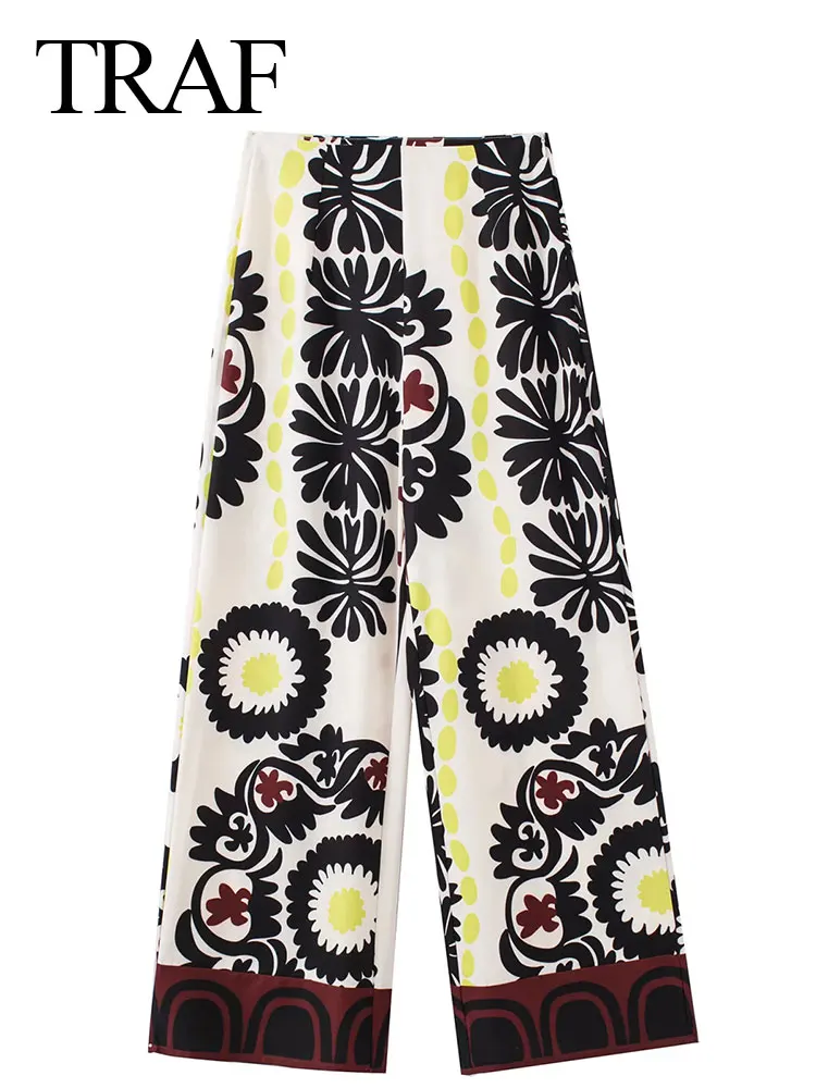 

TRAF Fashion Women Print Nine-point Pants Vintage Chinese Style Casual Versatile Wide-legged Female Pants + Series Long Dress