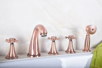 antique red copper brass three cross handles deck mounted 5 holes bathroom tub faucet mixer tap with handshower mtf199