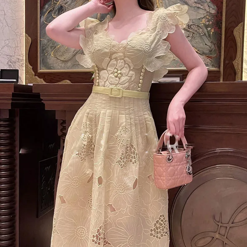 

Yellow Lace Dress Women Vintage Hook Flower Hollow Elegant Party Vestido Lady Clothing V-neck Luxury Design Bodycon Summer