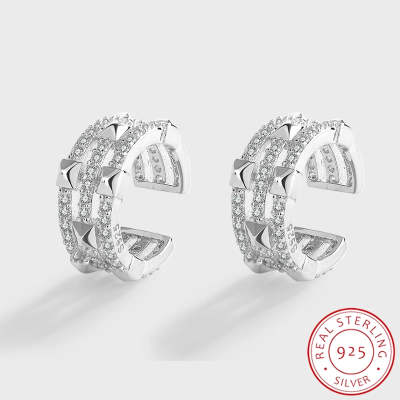 

NEW Trend Geometric Three Row Diamond Earrings For Women Girl Original Genuine Sterling S925 Silver Valentine's Day Gift Jewelry
