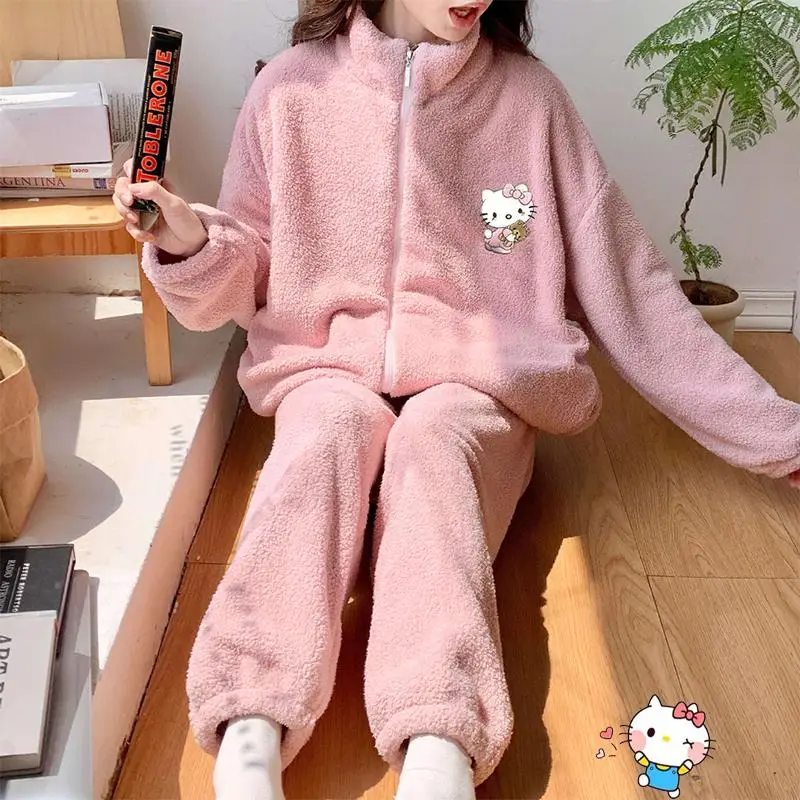 

Sanrios Hello Kitty Kuromi Plush Sleepwear Pachacco Winter Thickening Coral Velvet Pajamas Cute Household Clothes Christmas Gift