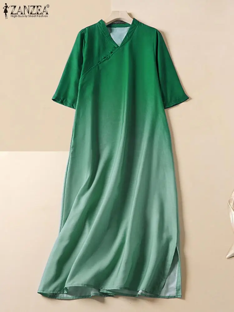 

Элегантные повседневные платья ZANZEA с эффектом омбре, женское винтажное платье миди в китайском стиле с воротником-стойкой, модное платье-Ципао с рукавом до локтя