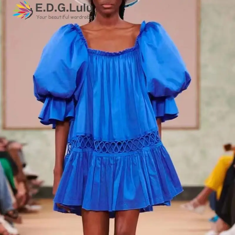 

EDGLuLu Women Square Neck Puff Short Sleeve Summer Dress Women 2022 Casual French Fashion Short Ladies Blue Pink Dress 0610
