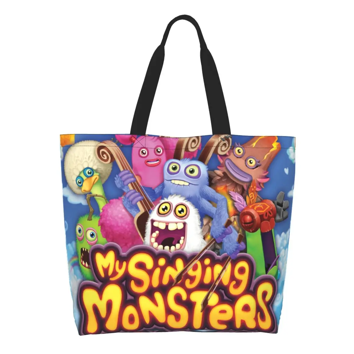 

My Singing Monsters Grocery Shopping Bag Cute Printed Canvas Shopper Shoulder Tote Bag Large Capacity Portable Handbag