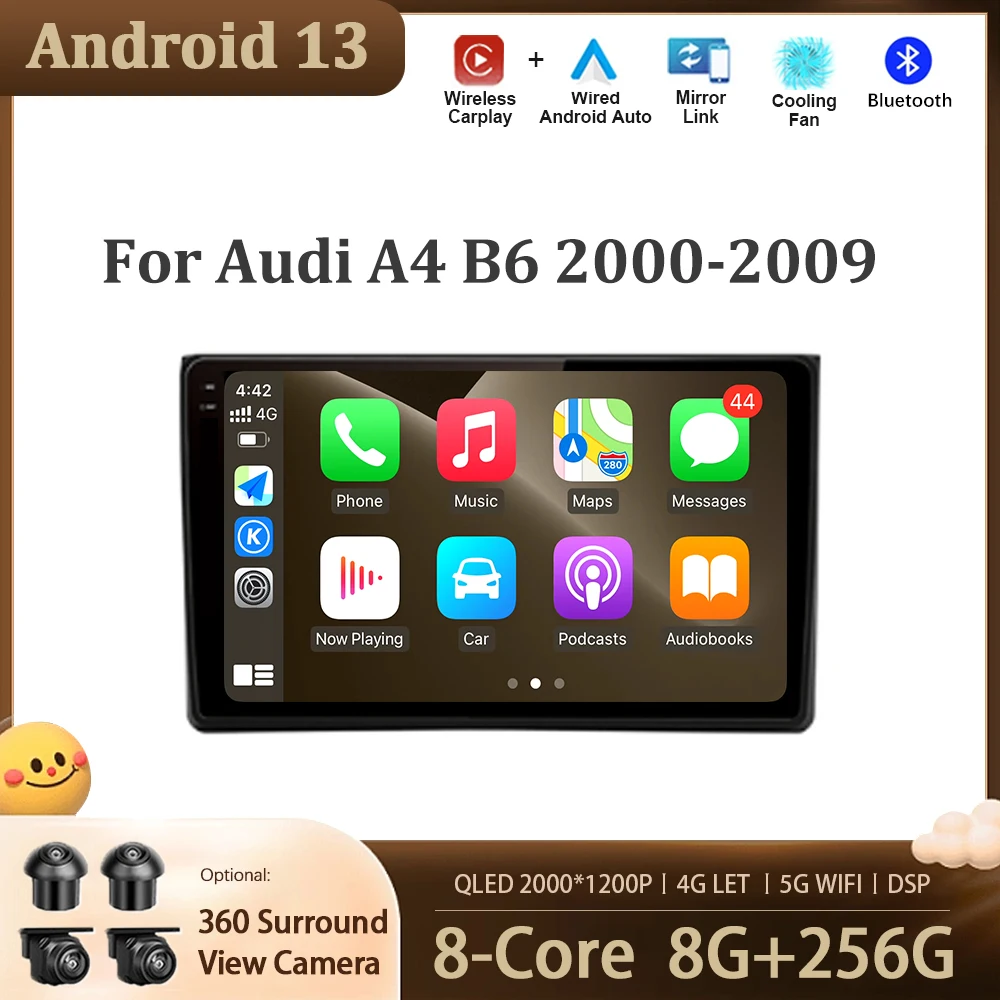 

Автомобильный сенсорный навигационный экран Android 13 для Audi A4 B6 2000-2009, автомобильное радио, мультимедийный плеер, аксессуары, 4G, GPS, Wi-Fi, Carplay