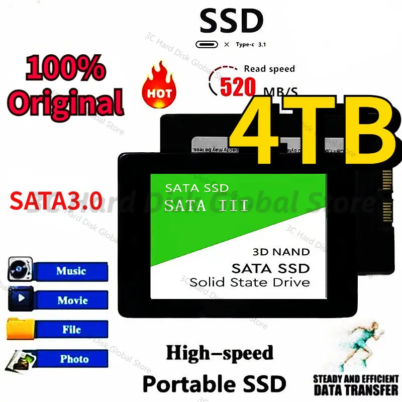 

100% Оригинальный SSD-диск 4 ТБ HDD 2,5 жесткий диск 1 ТБ 2 ТБ 520 Мб/с HD SATA Внутренний жесткий диск для ноутбука/настольного компьютера/mac/ps4/ps5