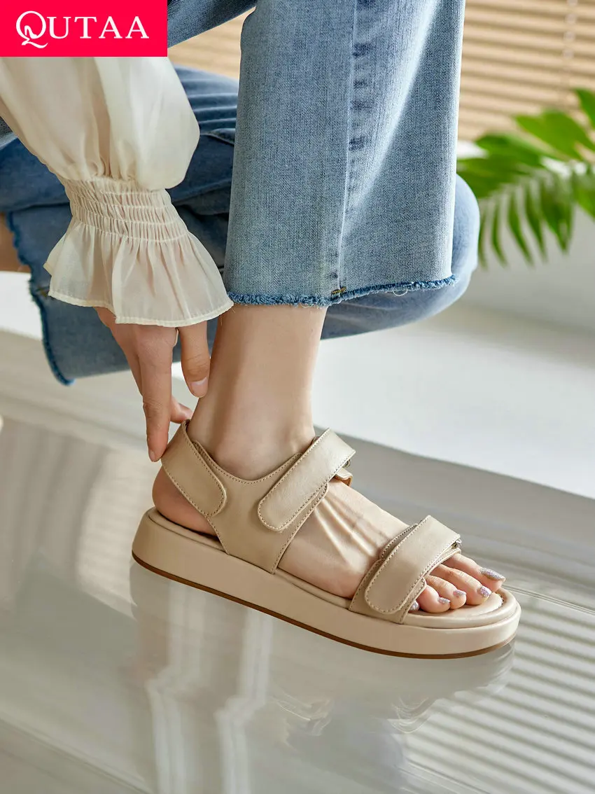

QUTAA 2022 Summer Newest Women Sandals Low Heel Genuine Leather Round Toe Fashion Casual Shoes Woman Ankle Strap Size 34-39