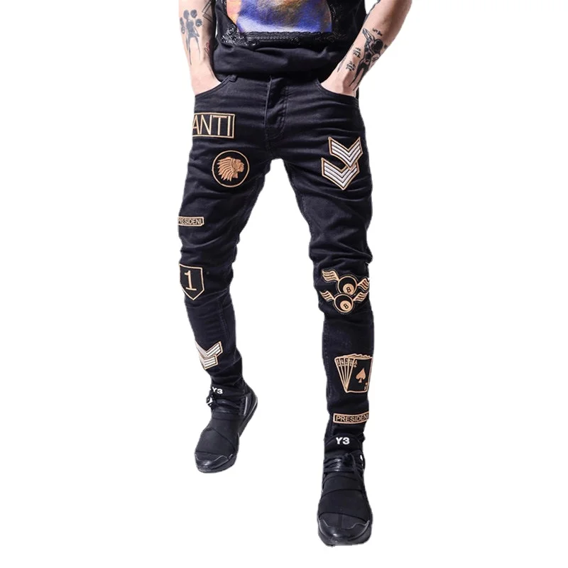 New Trend Mens Jeans Patch Embroidery Elastic Slim Men Pencil Pants Fashion Solid Color Patchwork Denim Pants Boyfriend Jeans