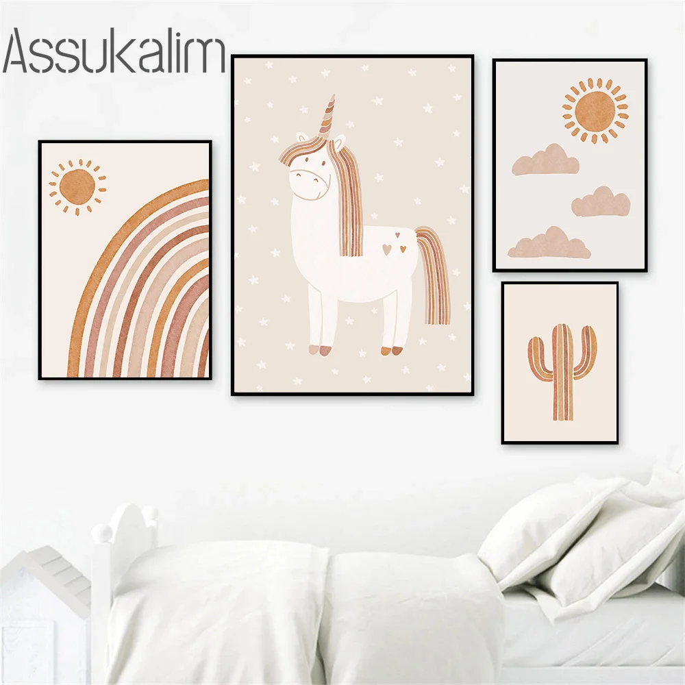 Boho холст настенное искусство радужные картины сердца Единорог медведь Альпака