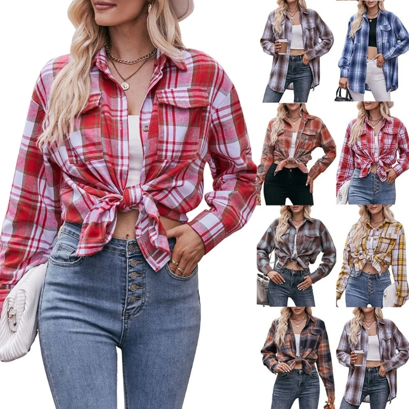 

Womens Casual Long Sleeve Boyfriend Button Down Plaids Flannel Shirt Tops Oversized Fall Blouse Tops Jackets Streetwear