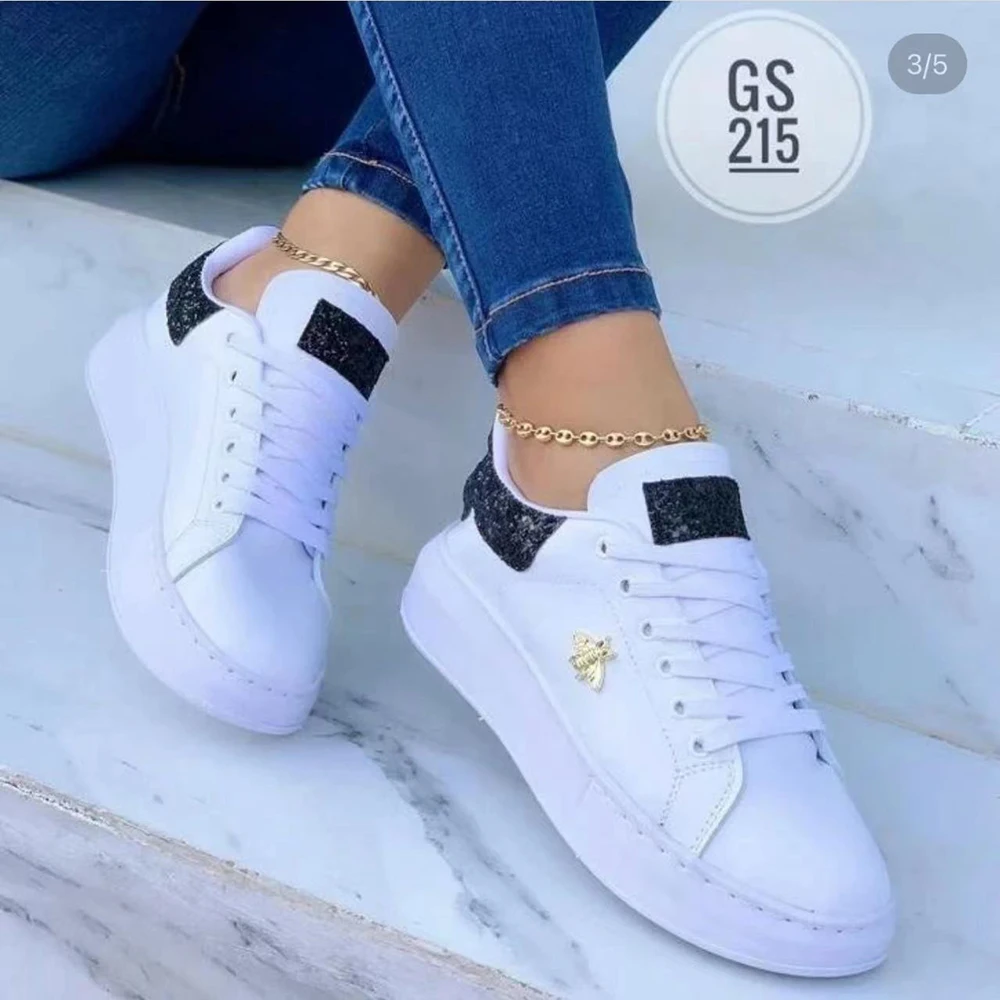 Women's Casual Shoes Fashion Butterfly Decor Round Head Sneakers Leather Lace-Up Ladies Vulcanize Shoes Platform Female Footwear