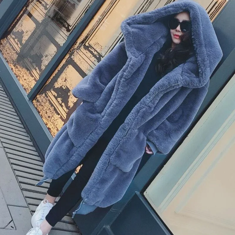 2022 New Rex Rabbit Fur Long Section Pure Color Faux Fur Coat Casual Fur Women's Jacket Winter Thicken Warm Hooded Fur Coat