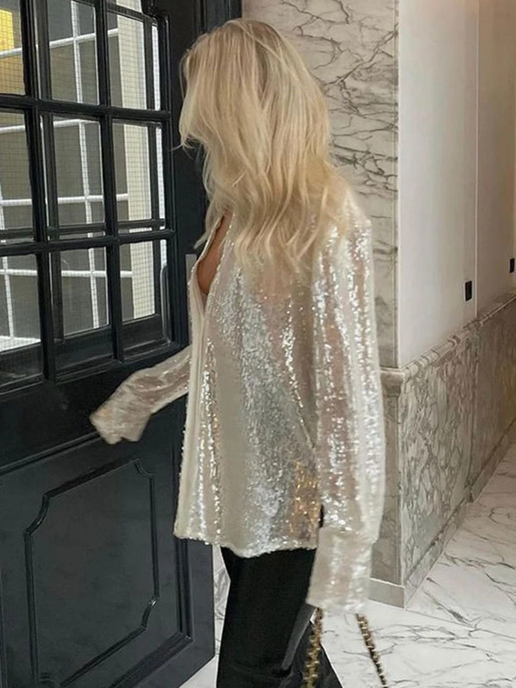 Блузка с блестками рубашки длинным рукавом топ на пуговицах рубашка Y2K винтажная