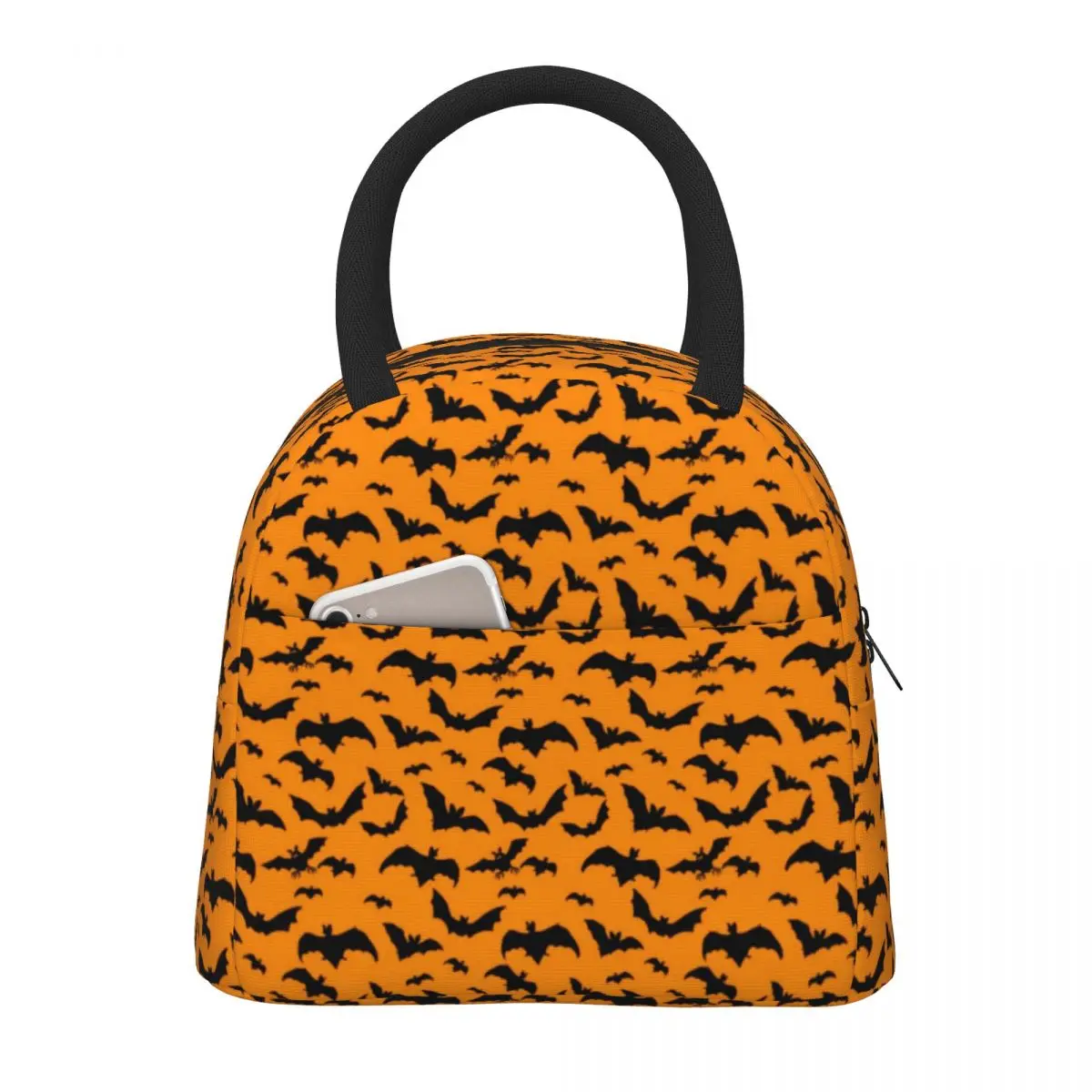 

Halloween Bats Lunch Bag For Adult Orange And Black Graphic Design Lunch Box Vintage Picnic Cooler Bag Portable Tote Food Bags