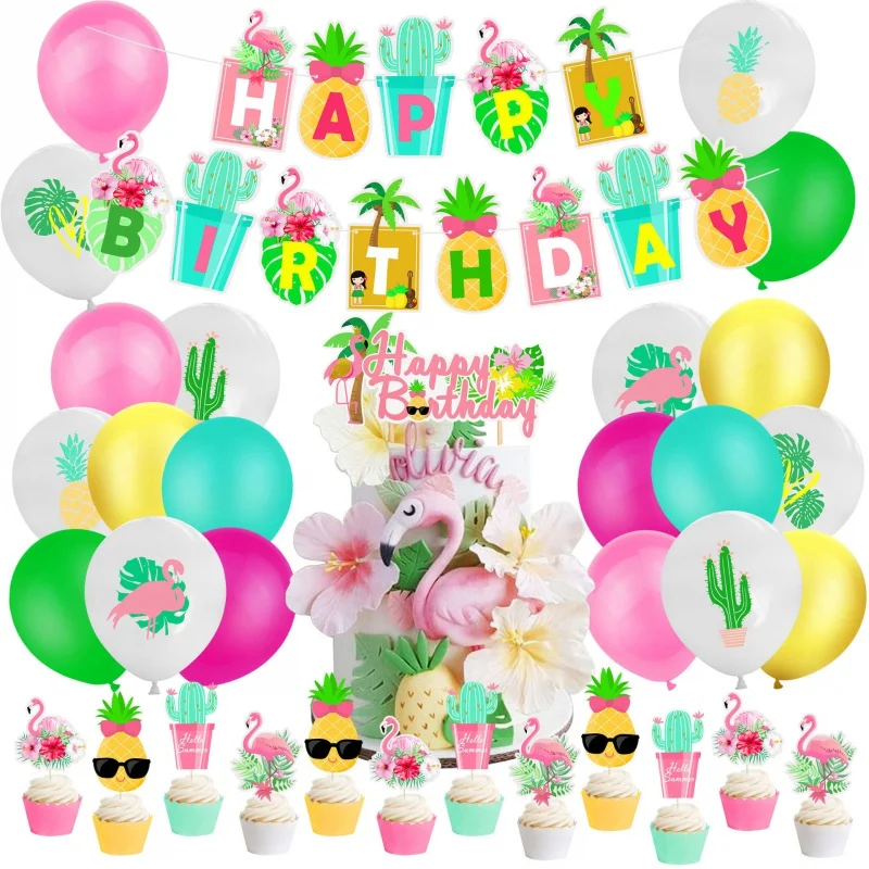 

Hawaiian Flamingo Cactus Pineapple Monstera Coconut Tree Hanging Flag Cake Insert Balloon Party Decoration