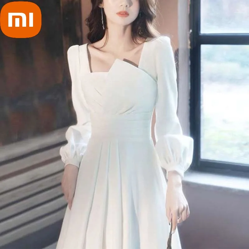 

XIAOMI Gentle Elegant Designer White Long Dress Women Temperament Fashion Puff Sleeve Fairy Dress Sweet Party Ball Gown Summer