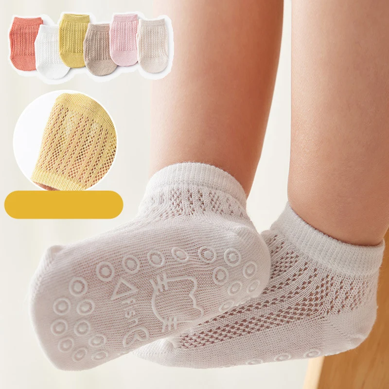 

6 Pairs Baby Boat Socks Spring and Summer Mesh Socks Candy Color Children's Socks Solid Color Combed Cotton Non-slip Floor Socks
