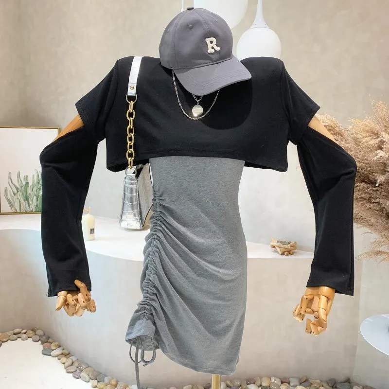 

New Women's Clothing 2022 Autumn Drawstring thin dress + short hollow out T-shirt top two-piece set