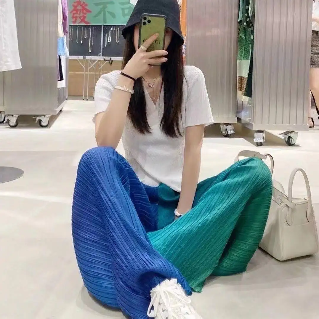 Colorful Wide Leg Pants Tie Dyeing Straight Tube High Waist Drape Feel Drag Gradient Pleated Fashion Casual Pants for Women