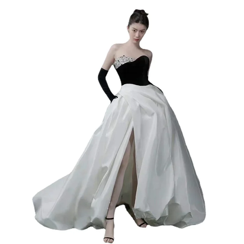 Elegant Princess Engagement Formal Evening Dress Strapless Sleeveless Court Train Satin with Slit Splicing robes de soirée