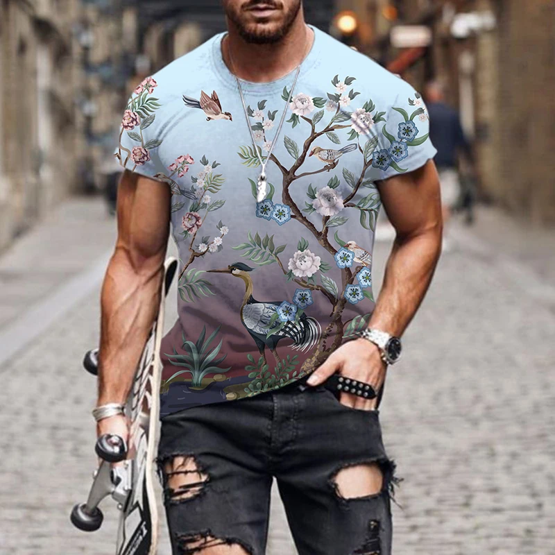 

Flower Tshirt Bird And Plant Illustration T Shirt Men Funny T Shirts Summer Fashion Tshirt 3D T Shirt Mens Clothing New Tops