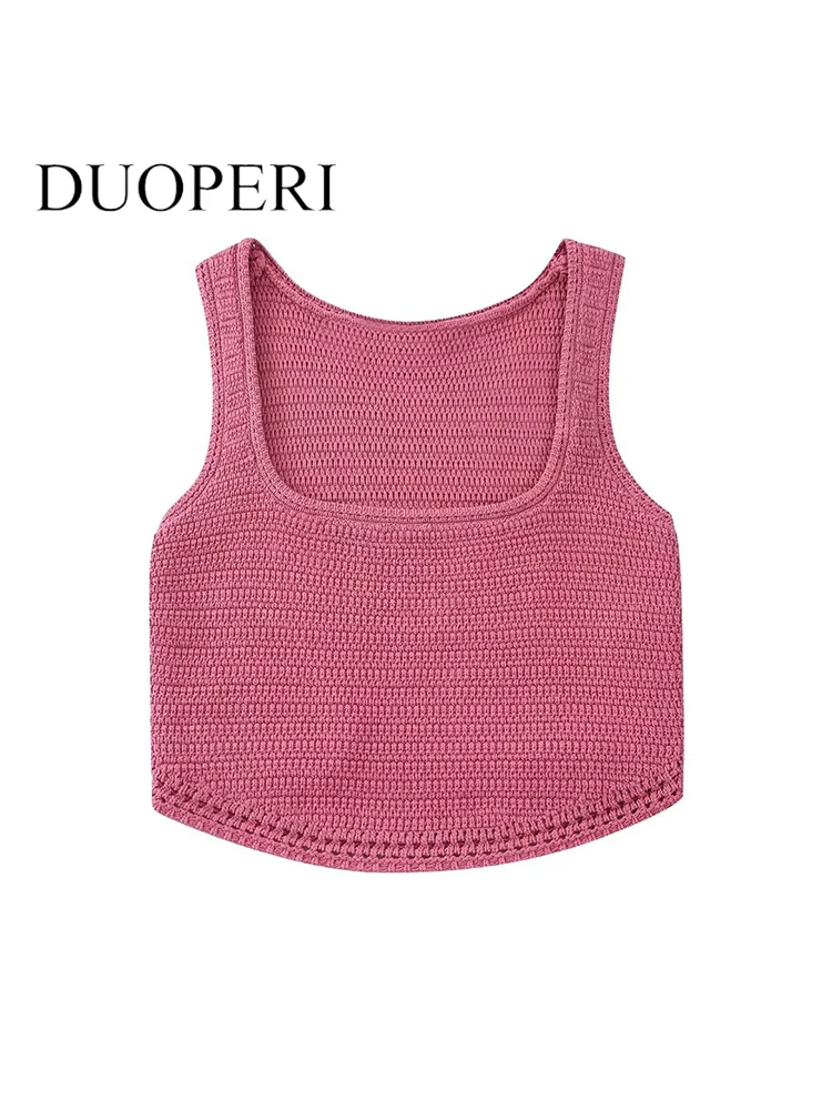 

DUOPERI Women Fashion Solid Cropped Knitted Sweater Vest Vintage Square Collar Sleeveless Female Chic Tank Tops Outfits