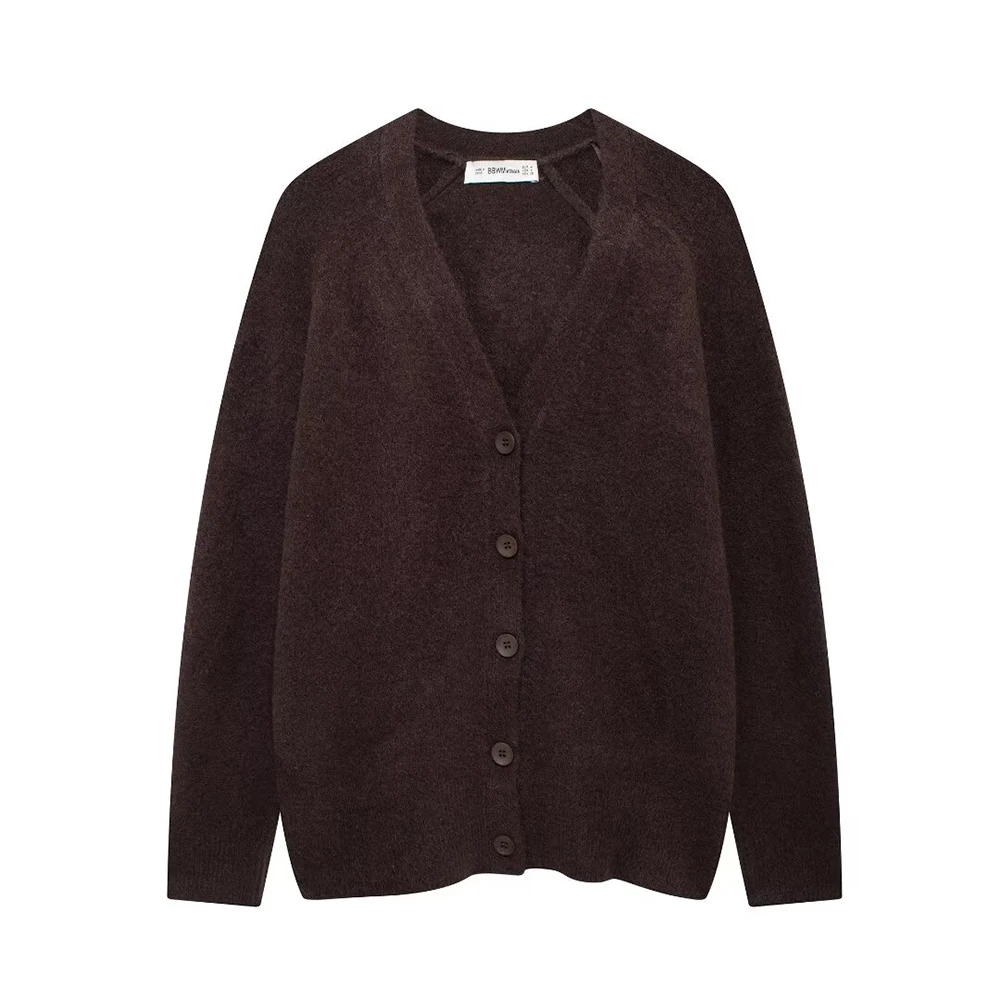 Женский Коричнево-серый Двухцветный Однобортный Вязаный Кардиган С V-образным