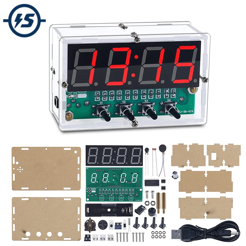 

4Bit Digital Alarm Clock DIY Electronic Kit Date Time Temperature Display Red Color Auto Brightness Adjust Soldering Practice