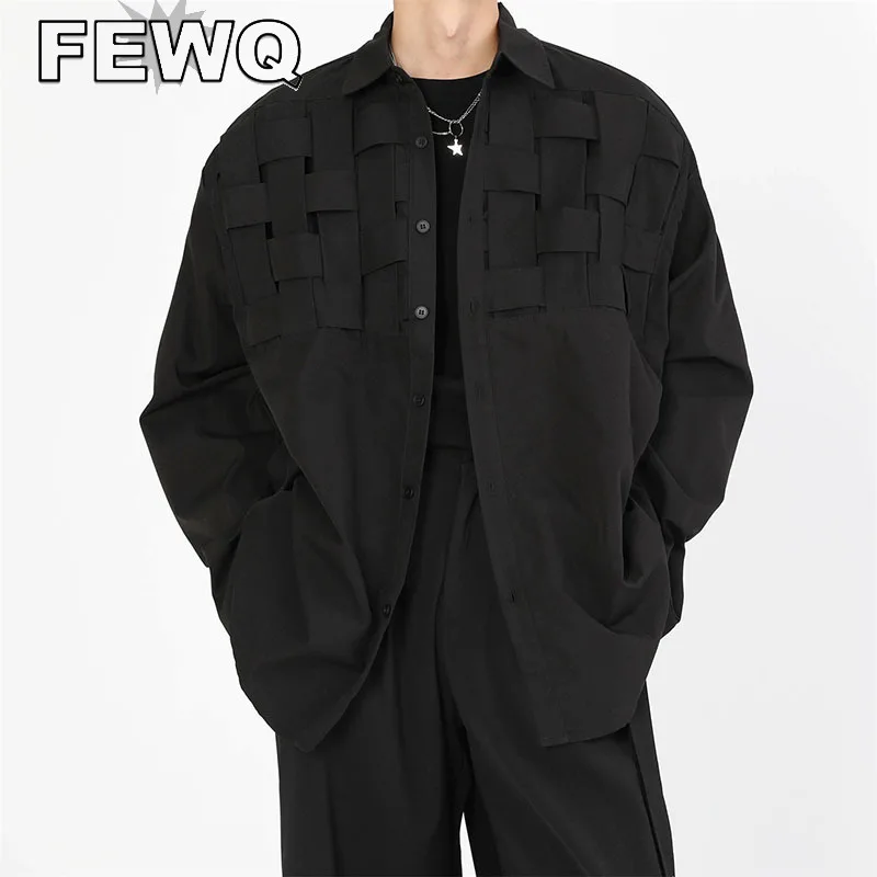 

FEWQ Plaid Woven Long Sleeve Shirts Men's Solid Color Drak Wear Male Cardigan Autumn Stylish Niche Design 2023 New Tops 24B3358