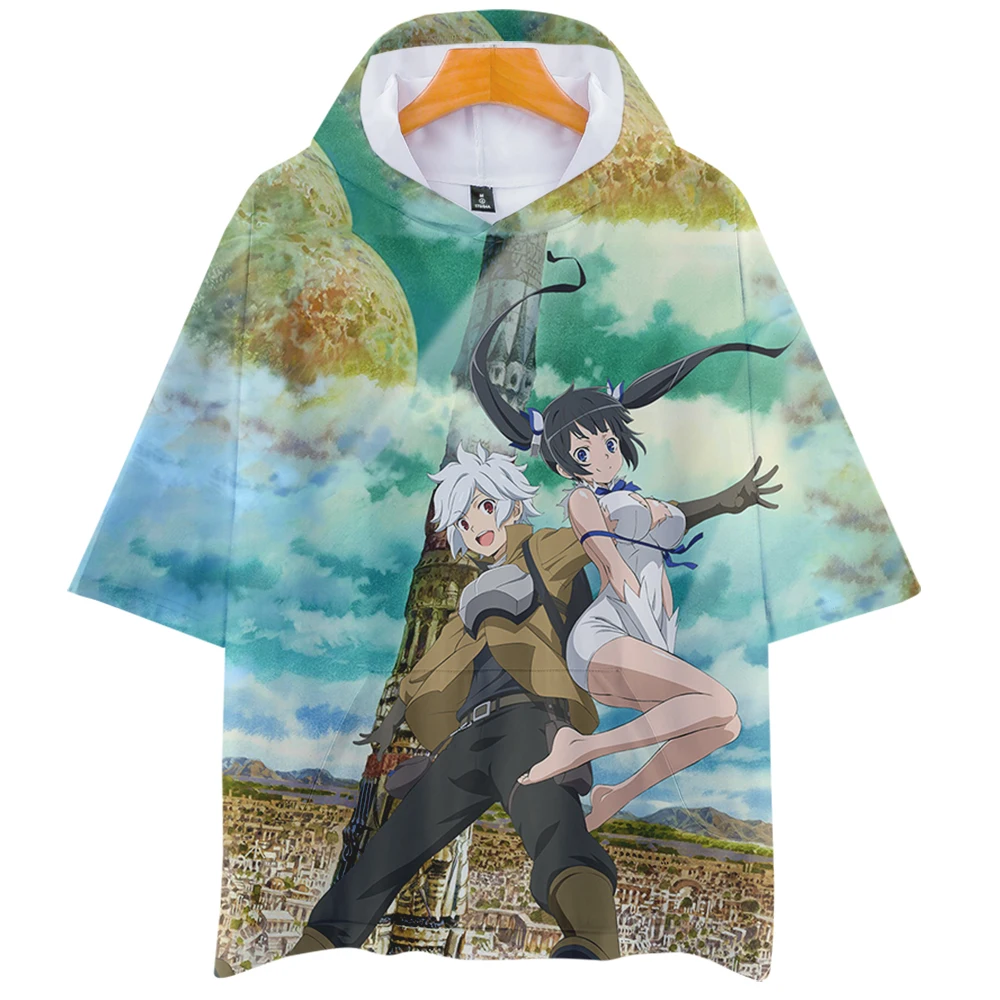 

Футболка Danmachi с капюшоном для мужчин и женщин, тенниска с 3D-принтом аниме, модная майка с коротким рукавом в стиле Харадзюку, уличная одежда, ...