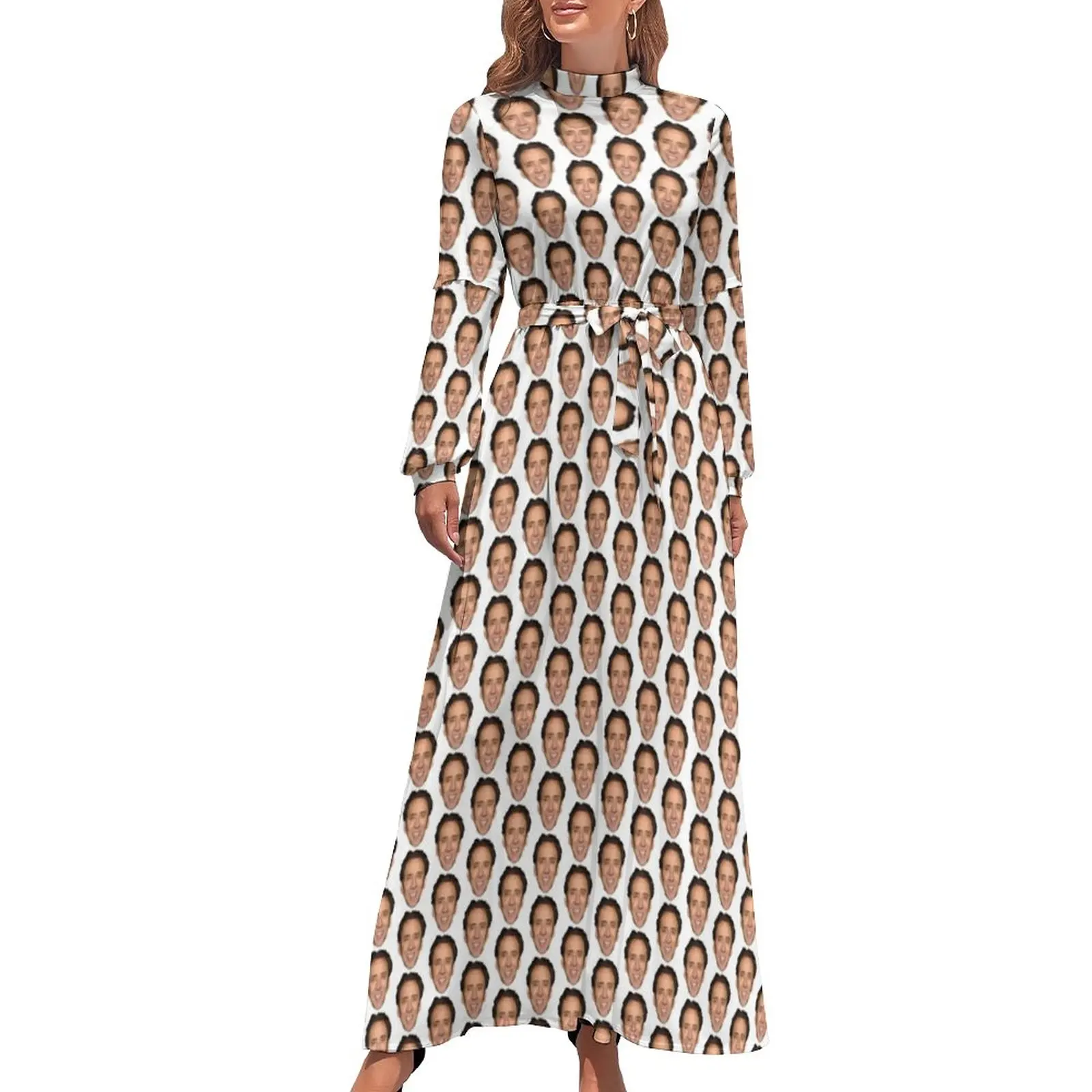 

Nicolas Cage Pattern Dress Long Sleeve Funny Meme Print Elegant Maxi Dress High Waist Fashion Custom Beach Long Dresses Present