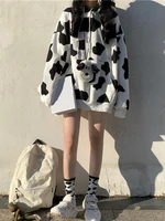 deeptown korean style cow print pullover hoodies women harajuku kawaii oversized sweatshirt female cute crewneck long sleeve top