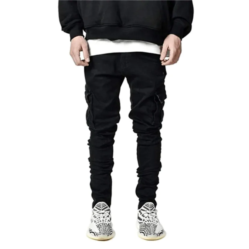 New Men's Jeans Side Pockets Slim Fit Casual Streetwear Men's Jeans Full Length Pencil Pants Denim Trousers