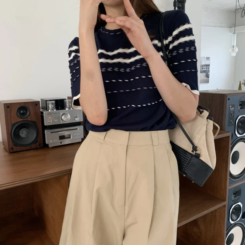 

Тонкий укороченный свитер с коротким рукавом и круглым вырезом, вязаный Топ