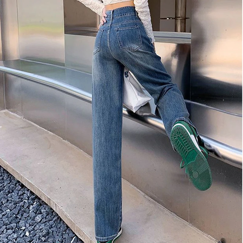 Denim brand high waist jeans women's loose and versatile straight leg wide leg long four season pants