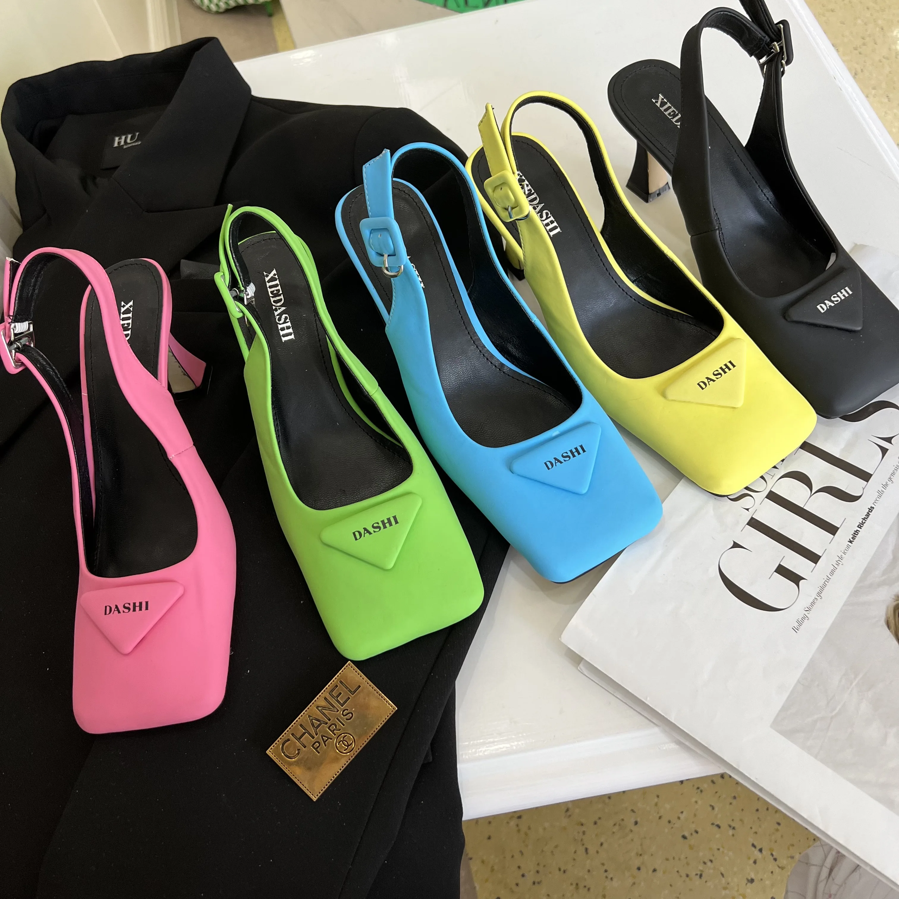 

Square Toe Women Sandals Solid Color Black Yellow Green Blue Pink Summer Sandals Slides Back Strap Thin High Heels Fashion 2022