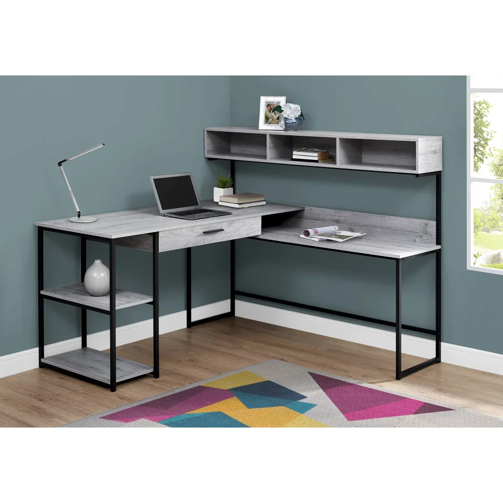 

Computer Desk, Home Office, Corner, Storage Drawers, L Shape, Work, Laptop, Metal, Laminate, Grey, Black, Contemporary, Modern