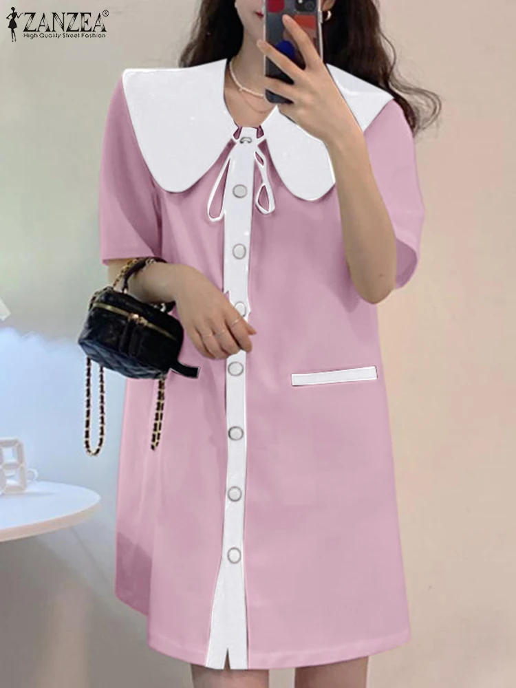 

Платье ZANZEA женское с коротким рукавом, повседневное модное однотонное мини-платье в стиле пэчворк, офисное платье-трапеция, лето 2022