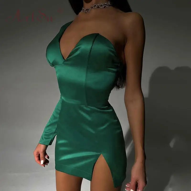 

ArtSu One Shoulder Satin Split Mini Dress Women Club Party Sleeveless Sexy Strapless Summer Bodycon Dresses Clothes ANDYDR407