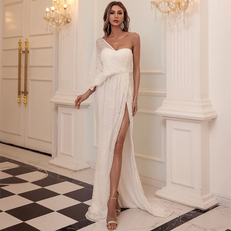

2022 Summer New Dresses for Women Luxury Prom Evening Dress Solid Color One Shoulder Irregular Sequins Slim Dress Dresses