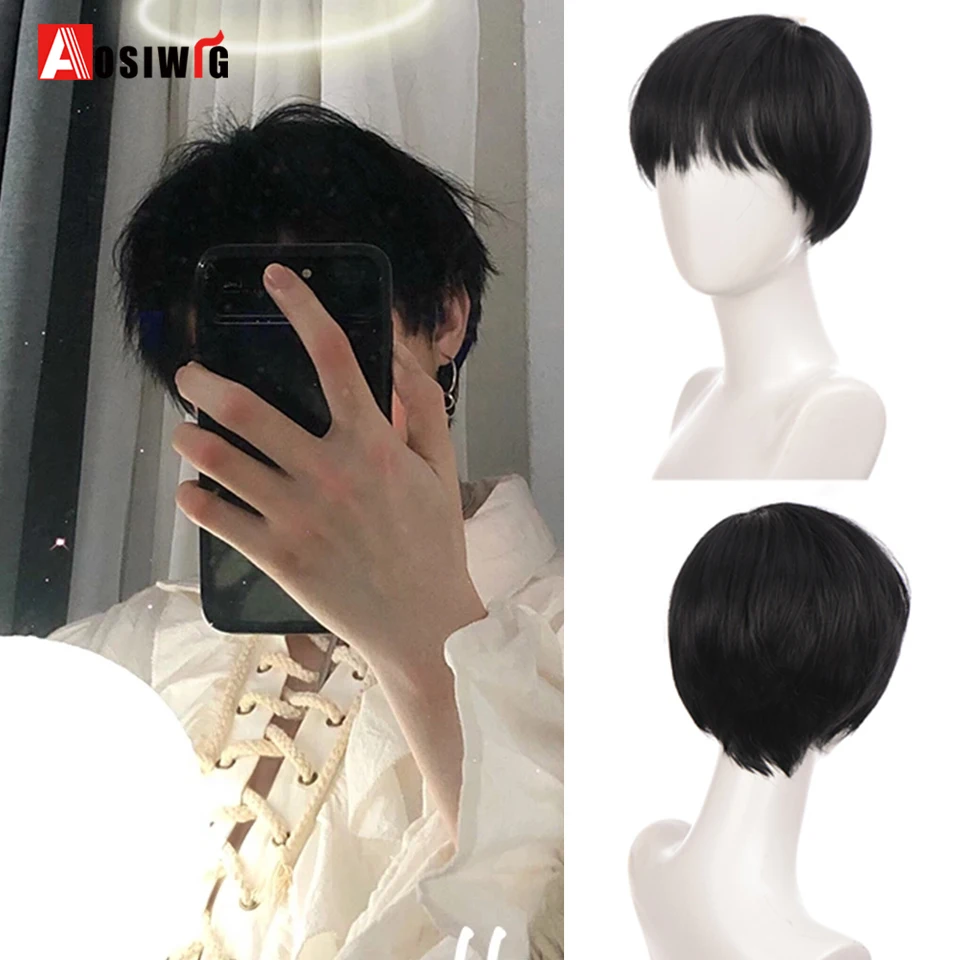 AOSI Synthetic Hair Fashion Male's Wigs Short Straight With Bangs  Natural Hair Cosplay Anime Wigs For Men Boy Halloween Daily