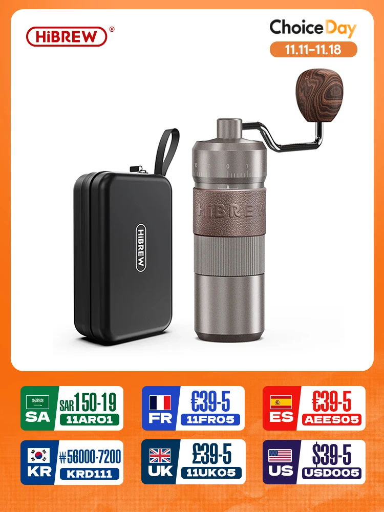 Ручная кофемолка HiBREW алюминиевая коническая тележка 22 г ручная с 11 уровнями