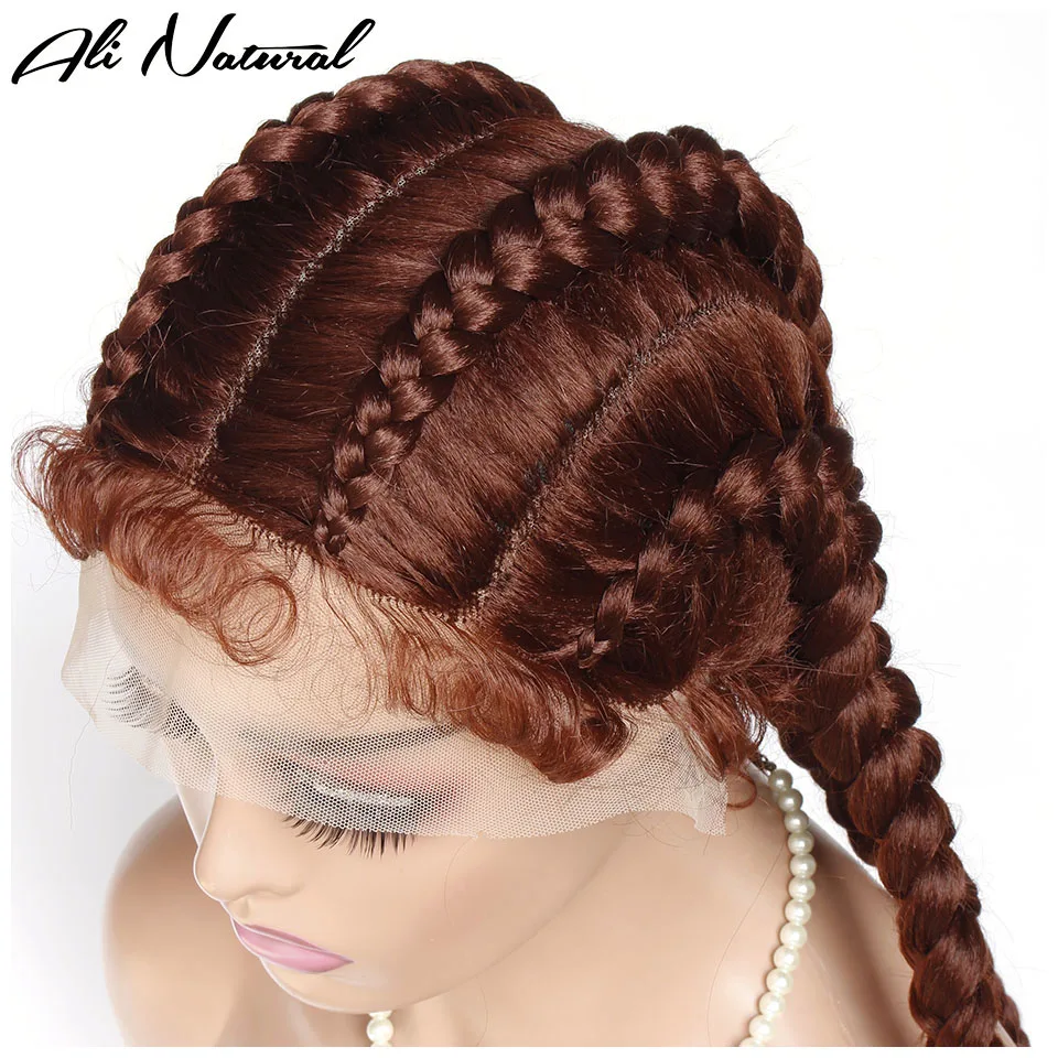 Box Braids Lace Front Wig Synthetic Cornrow Braids Lace Wig with Baby Hair #33 Red Brown Rough Braided Lace Front Wig for Women