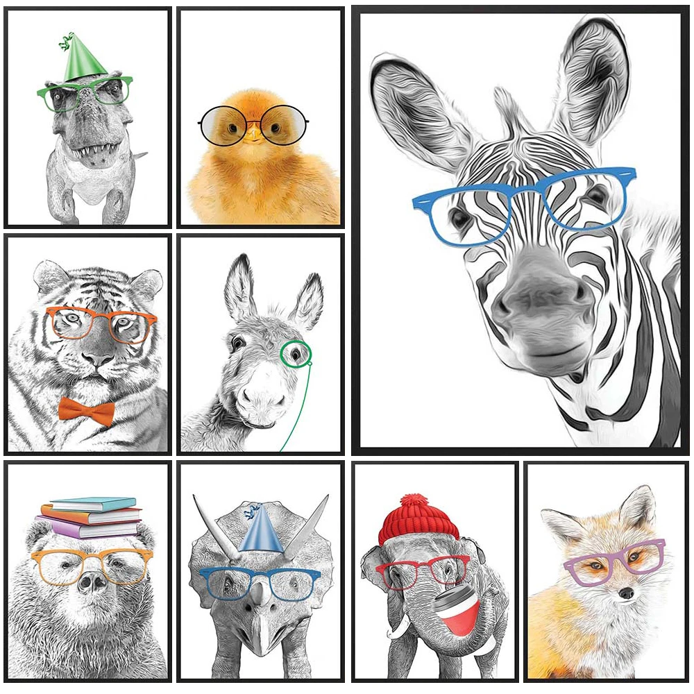 

Cartoon Glasses Zebra Animal Cat Nursery Poster Wall Pictures For Living Room Wall Art Canvas Painting Home Decor Unframed