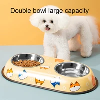 printed dog stainless steel double bowl cartoon food bowl drinking water fountain anti tumble food basin for small medium dogs